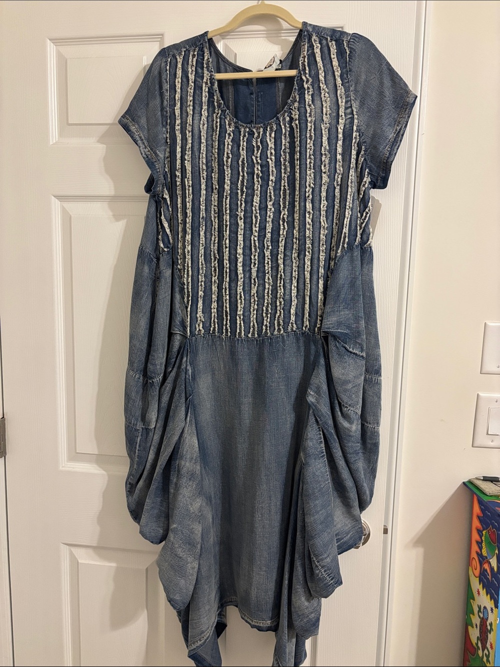 Blue Textured Boho Tunic Dress with Stripe Detail - Picture 2 of 11